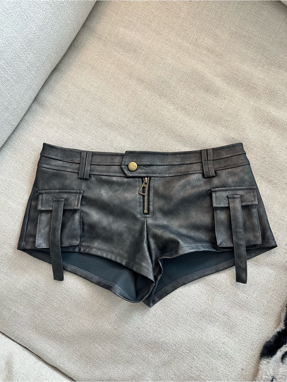 Edikted Black Faux Leather Cargo Micro Shorts